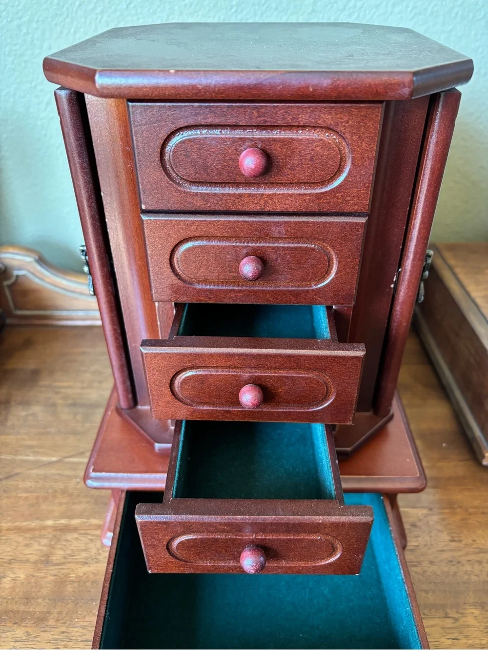Spinning wood jewelry box drawers mirror